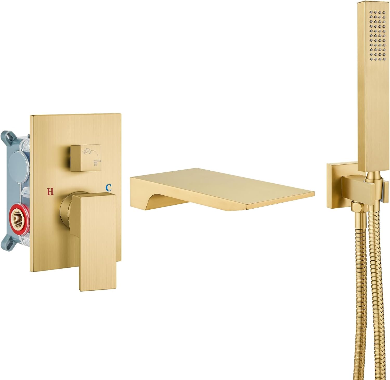 Airuida Wall Mount Tub Faucet with Waterfall Tub Spout Wall Mounted Bathtub Faucet with Handheld Shower Single Handle Tub Filler Shower Faucet Set with Rough-in valve Straight Spout Brushed Gold
