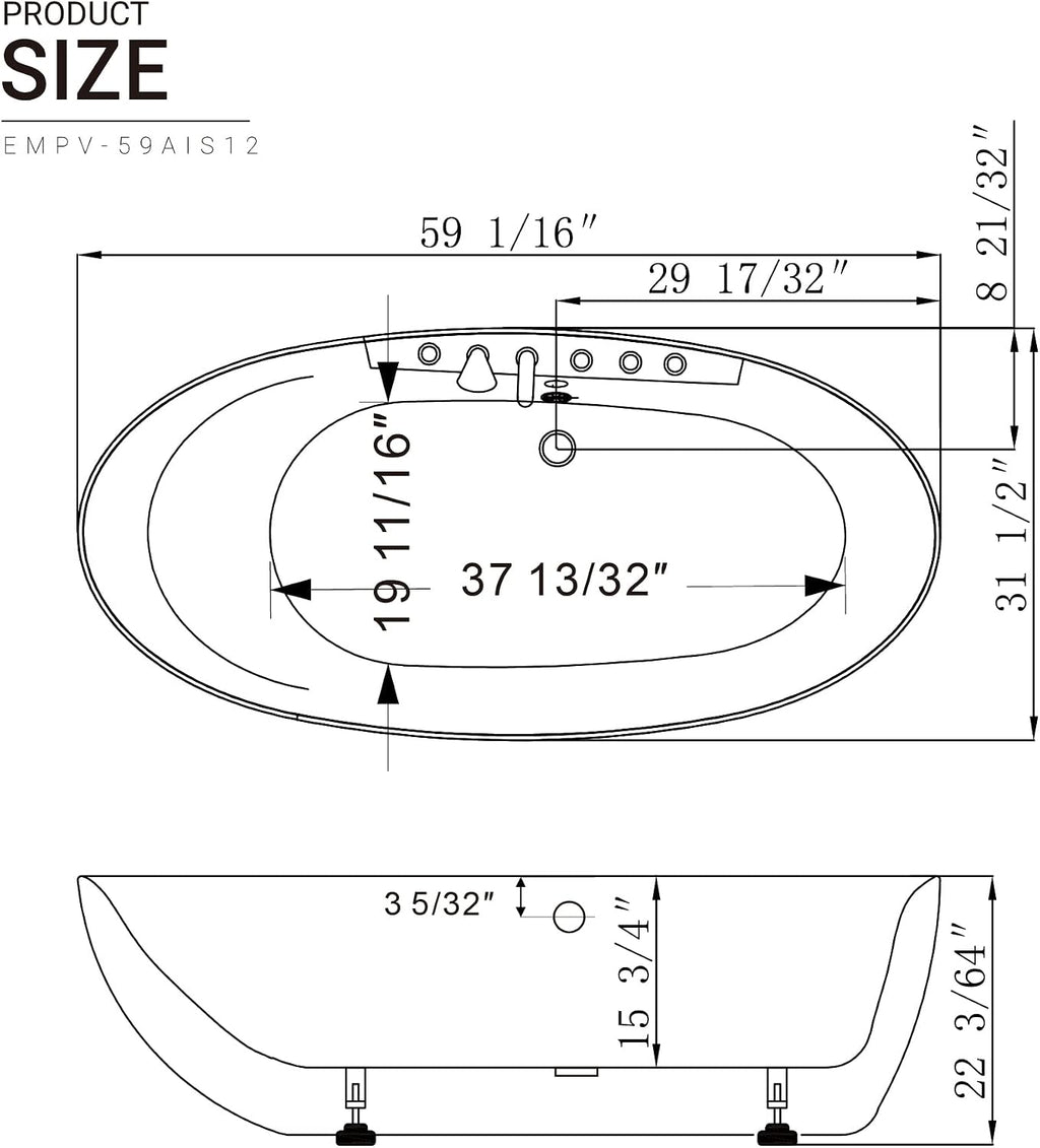 Empava 59' x 28' Freestanding Whirlpool Tub, Stand Alone Jetted Bathtub, Boat Shape with Large Recline Angle, Hydromassage, Adjustable Water Nozzles,Acrylic,ETL Certified