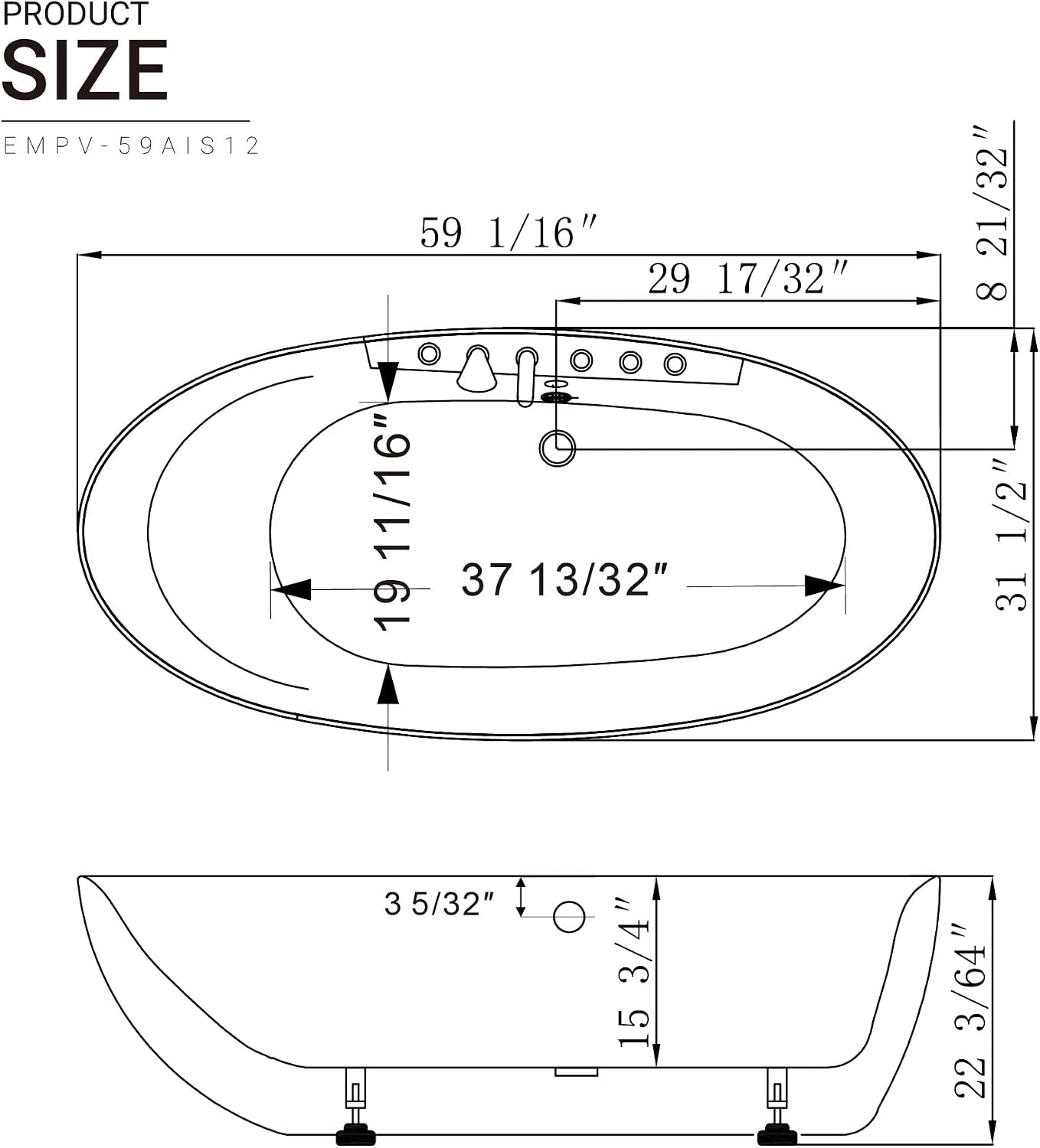 Empava 59' x 28' Freestanding Whirlpool Tub, Stand Alone Jetted Bathtub, Boat Shape with Large Recline Angle, Hydromassage, Adjustable Water Nozzles,Acrylic,ETL Certified