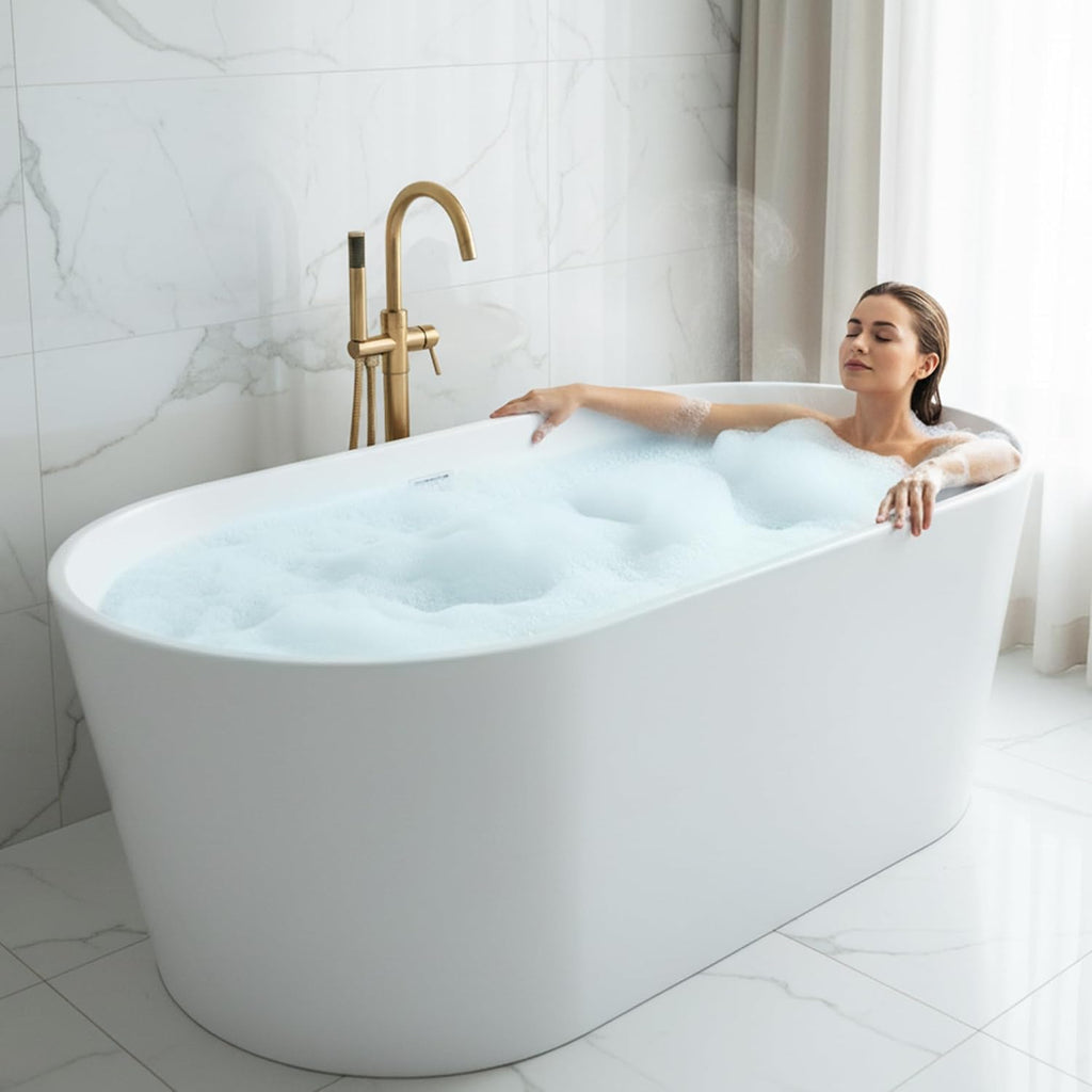 ANZZI 67' Freestanding Tub, Air Bubble Acrylic Freestanding Bathtub, White Acrylic + Fiberglass, Soaking Tub, Drain and Overflow, Light Up Control Pad (AMZ-FT-67)