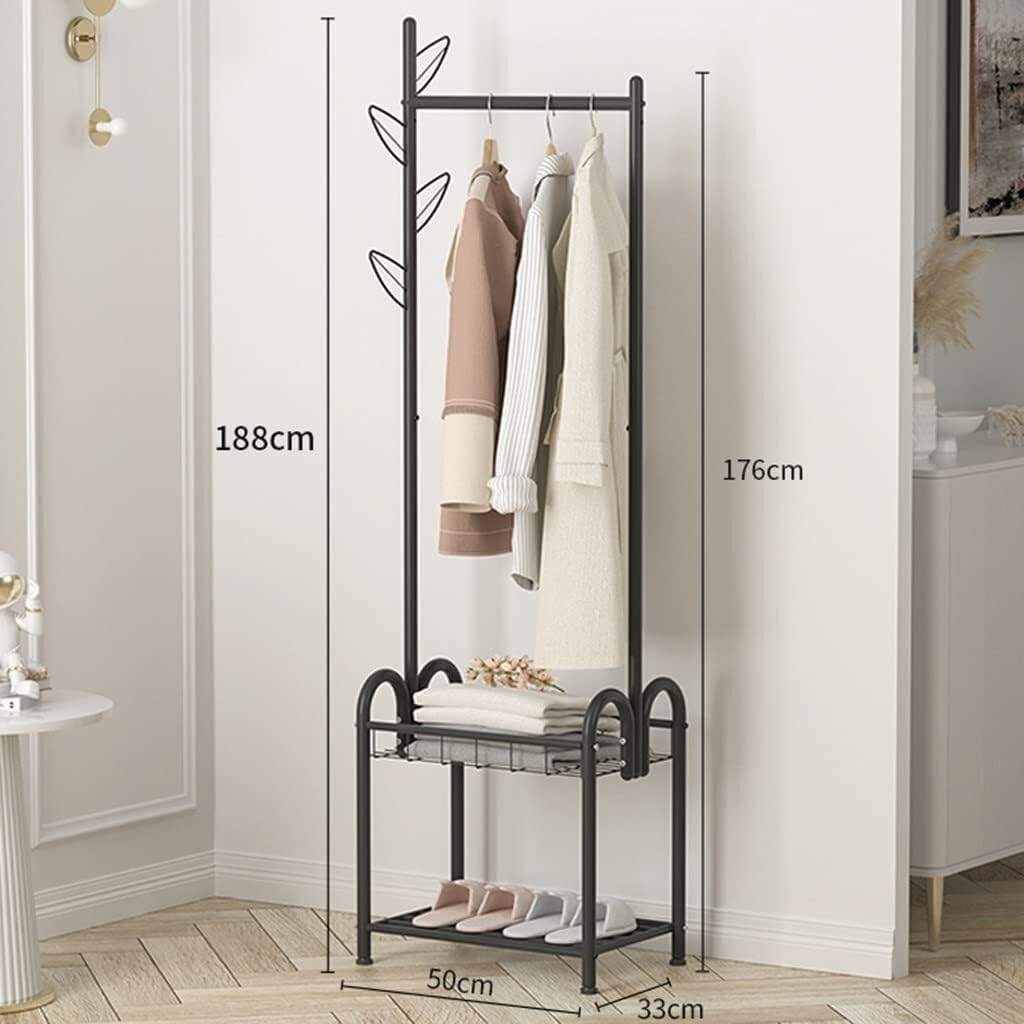 3-in-1 Hall Tree Coat Rack with Bench & 2 Shelves, Free-Standing Garment Stand, Steel Frame for Entryway(Black,50 * 33 * 183cm)