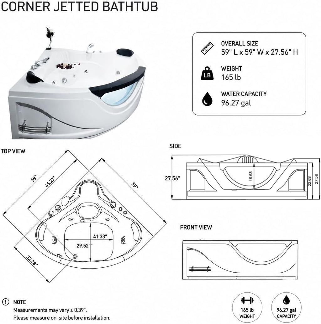 59x59 Inch Corner Bathtub for 2 Person, 6 Jet Whirlpool Tub withChromatherapy LED Lights, Acrylic Soaking Tub with Hydro Massage, Includes Faucet & 2 Bath Pillows (white-2)