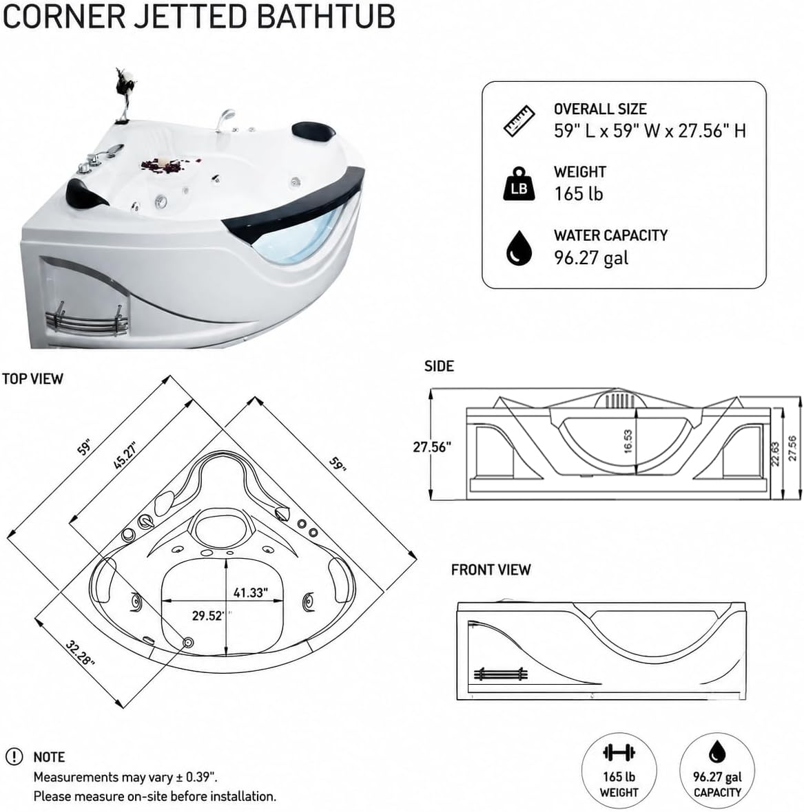59x59 Inch Corner Bathtub for 2 Person, 6 Jet Whirlpool Tub withChromatherapy LED Lights, Acrylic Soaking Tub with Hydro Massage, Includes Faucet & 2 Bath Pillows (white-2)