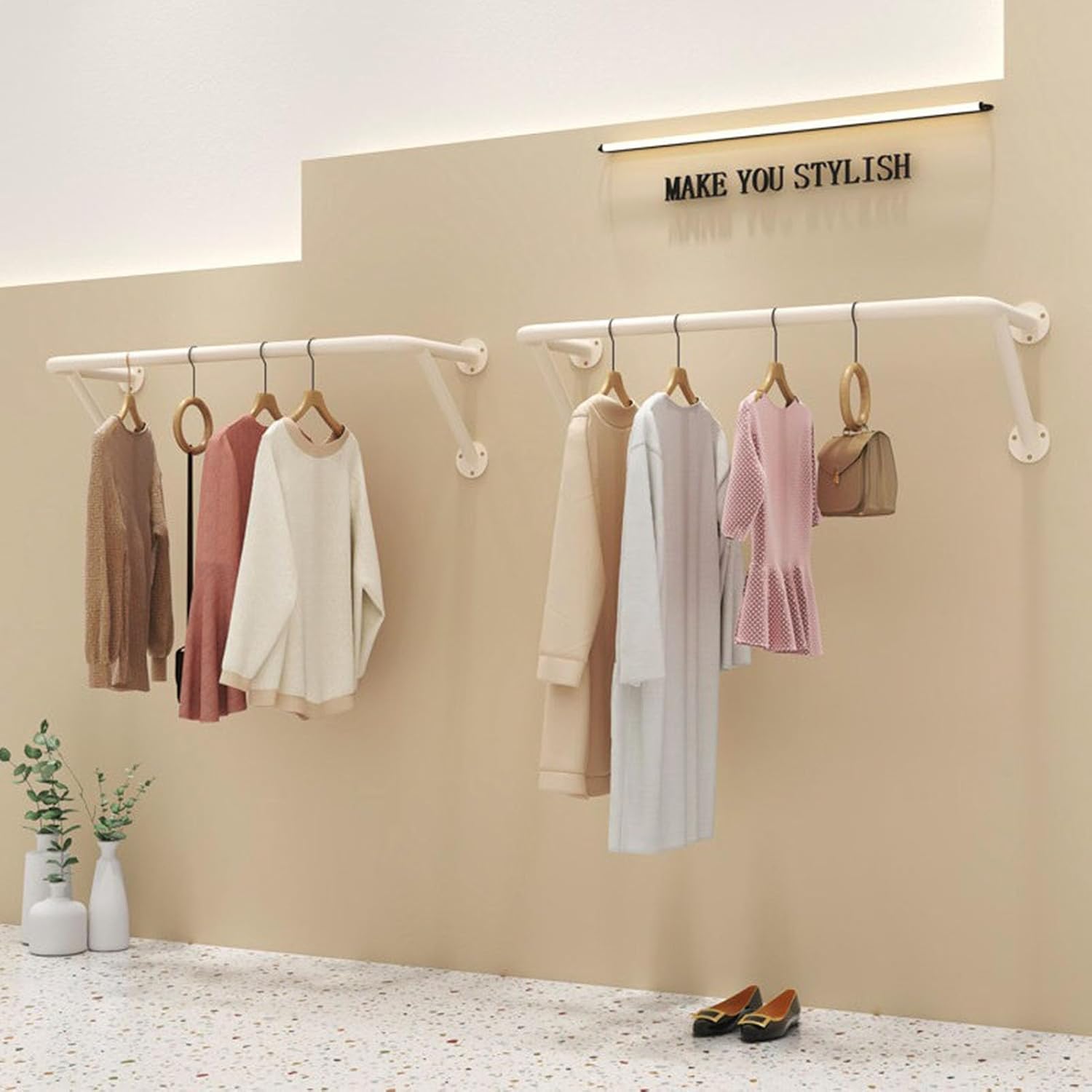 Wall Mounted Industrial Pipe Garment Rack,Retail Store Clothing Display Stand, Space-Saving Hanging Closet Rod,Metal Clothing Towel Rack, Garment Hanging Storage Rail,for Bedroom Laundry Room