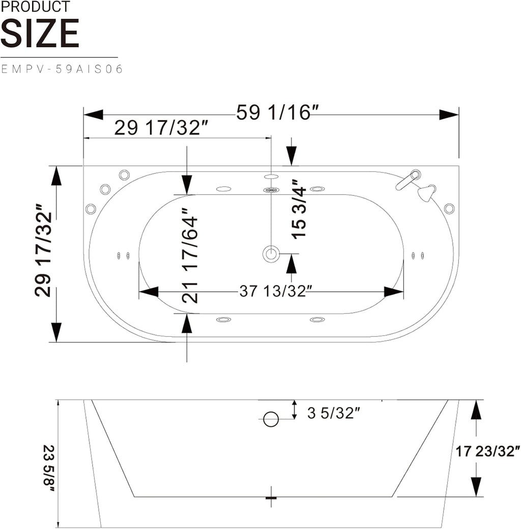 Empava 59-Inch Freestanding Whirlpool Bathtub Oval with 8 Hydromassage Adjustable Water Jets Luxury Acrylic Massage SPA Soaking Bath Tub Double Ended