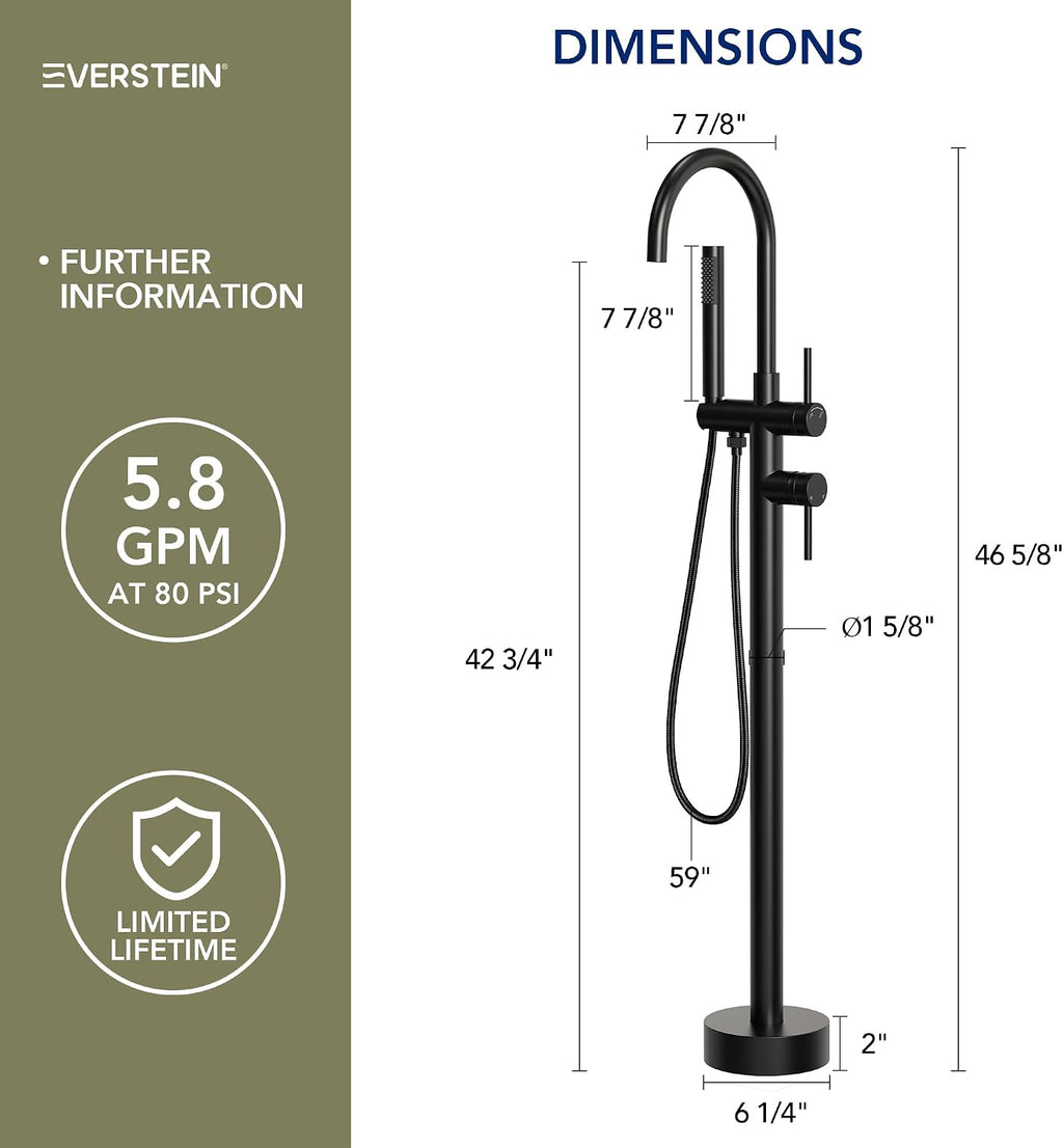 Freestanding Bathtub Faucet with Hand Held Shower, Floor Mount Tub Filler, Dual Handle Brass Bath Tub Faucet, Valve Included，Matte Black