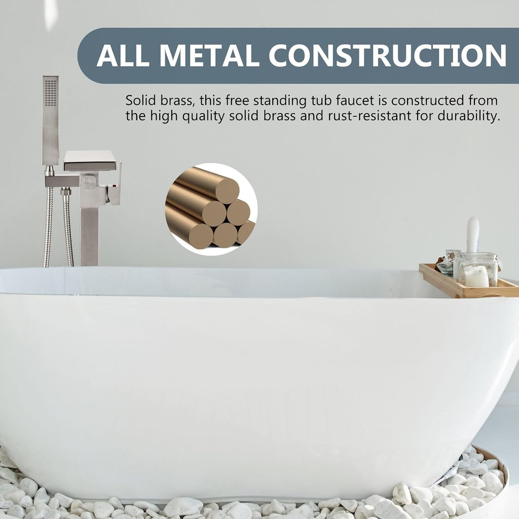 Aolemi Freestanding Bathtub Faucet Floor Mount Tub Filler with Handheld Spray Single Handle Free Standing Bathroom Faucets Swivel Flat Waterfall Spout Brushed Nickel