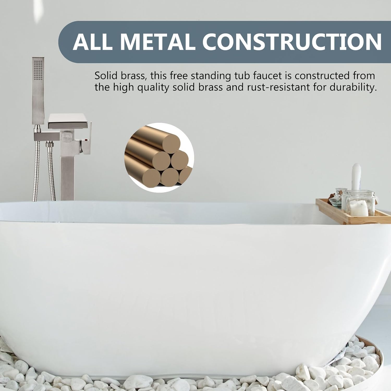 Aolemi Freestanding Bathtub Faucet Floor Mount Tub Filler with Handheld Spray Single Handle Free Standing Bathroom Faucets Swivel Flat Waterfall Spout Brushed Nickel