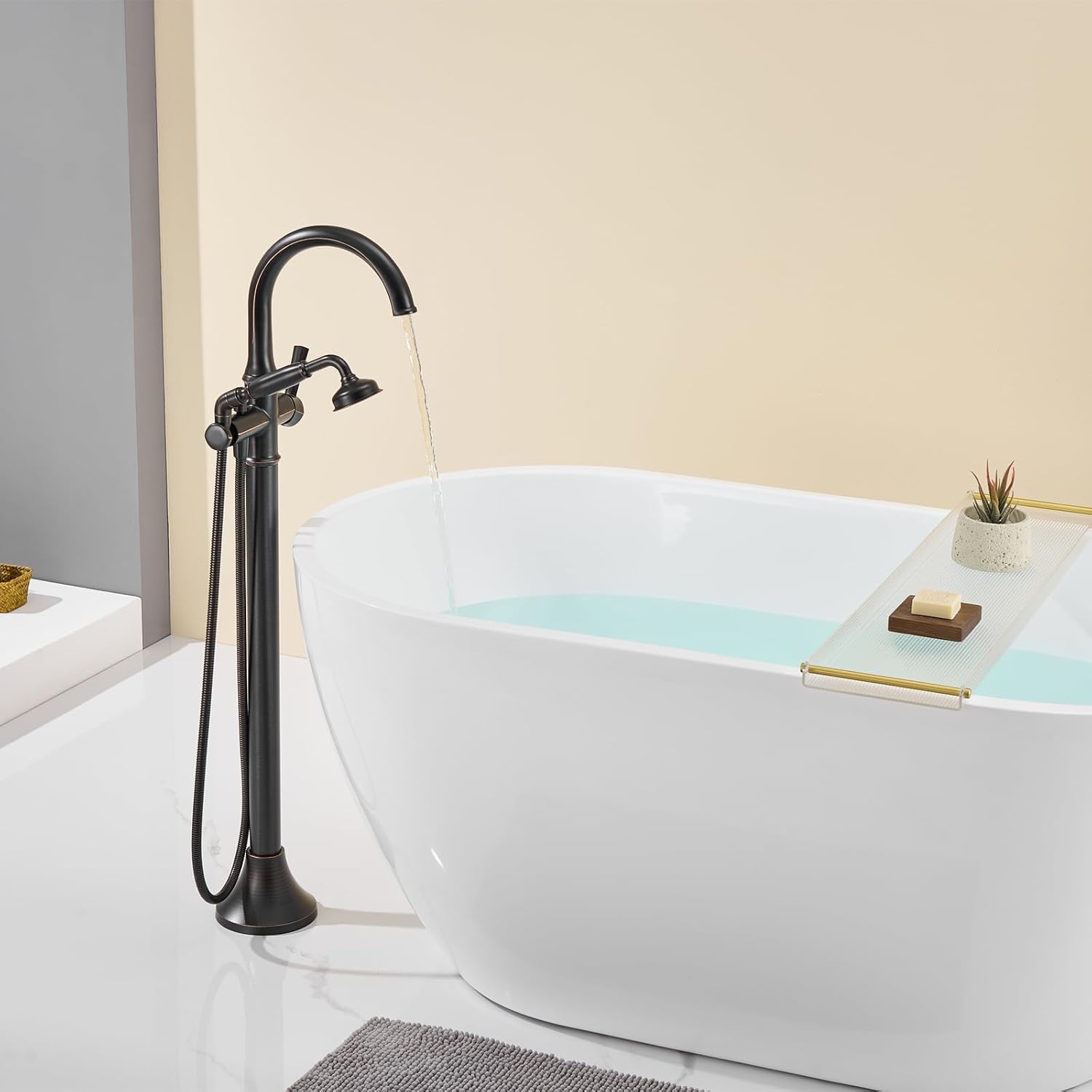 Wowkk Free Standing Tub Faucet Oil Rubbed Bronze Tub Filler Freestanding Bathtub Faucets Brass Tub Faucet with Hand Shower