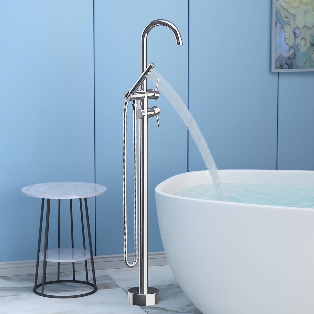 Freestanding Bathtub Faucet,Tub Filler Floor Mount Stand Bathtub Faucet Brass Bathroom Tub Faucets with 2 Function Hand Shower Wand Swivel Polished Chrome