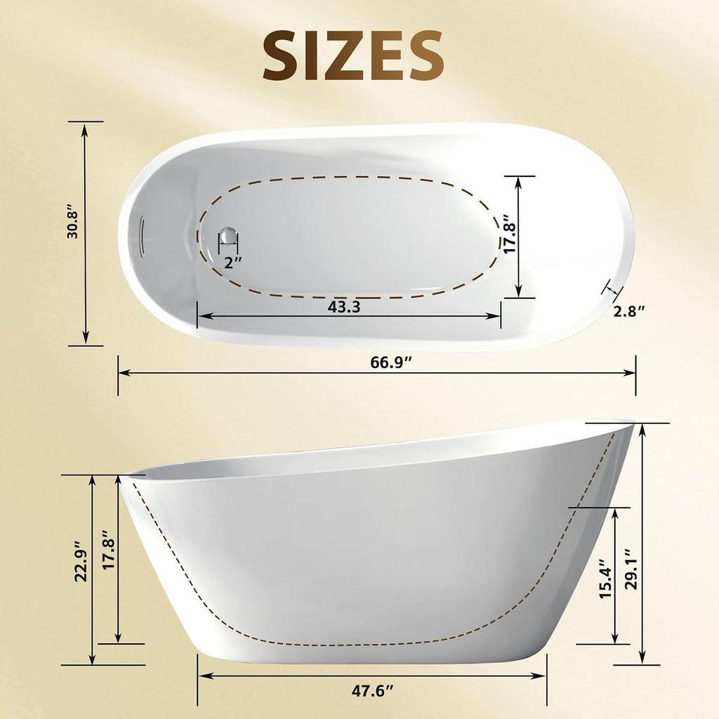 67' Acrylic Freestanding Bathtub, Special-Shaped Slipper Soaking Tub with Chrome Overflow & Pop-Up Drain, cUPC Certified Free Standing Tub for Bathrooms, Gloss White