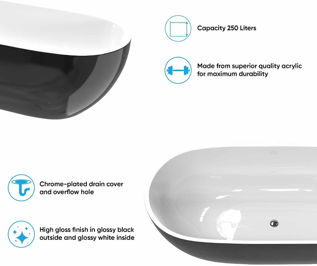 BuildMyplace 67' Acrylic Freestanding Bathtub, Contemporary Soaking Tub With Overflow and Pop Up Drain In Chrome, Stand Alone Soaking BathTub, Glossy Black Bathroom Tub for Adults, cUPC Certified