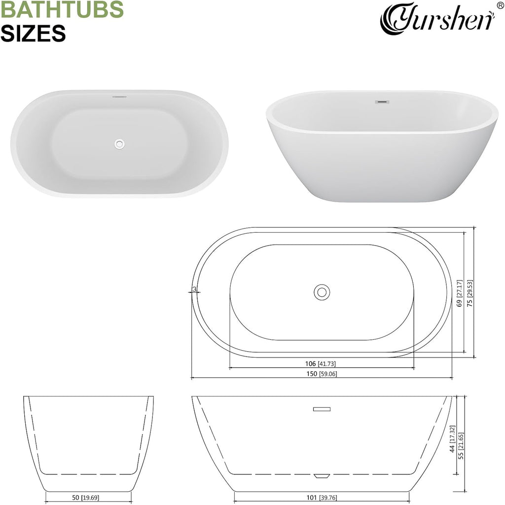 59 Inch Freestanding Acrylic Bathtub White Roll Top Soaking Tub with Smooth Curved Rim, Chrome Drain and Overflow, YSB9216