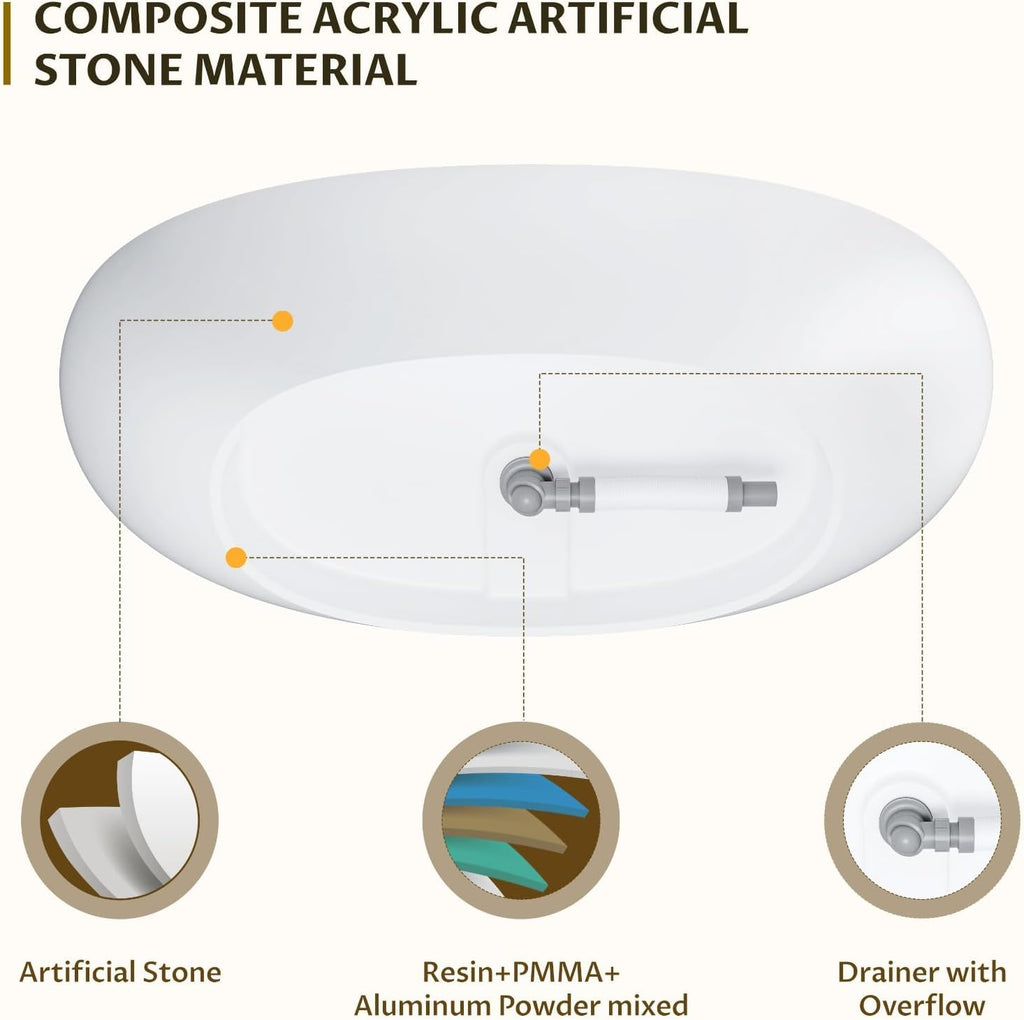 67' Freestanding Bathtub, Solid Surface Soaking Tub - Oval Egg Shell Stone Resin with Pop-Up Drain & Overflow, CUPC Certified Matte White Deep Soaking Tub with Ergonomic Design for Luxury Bathroom