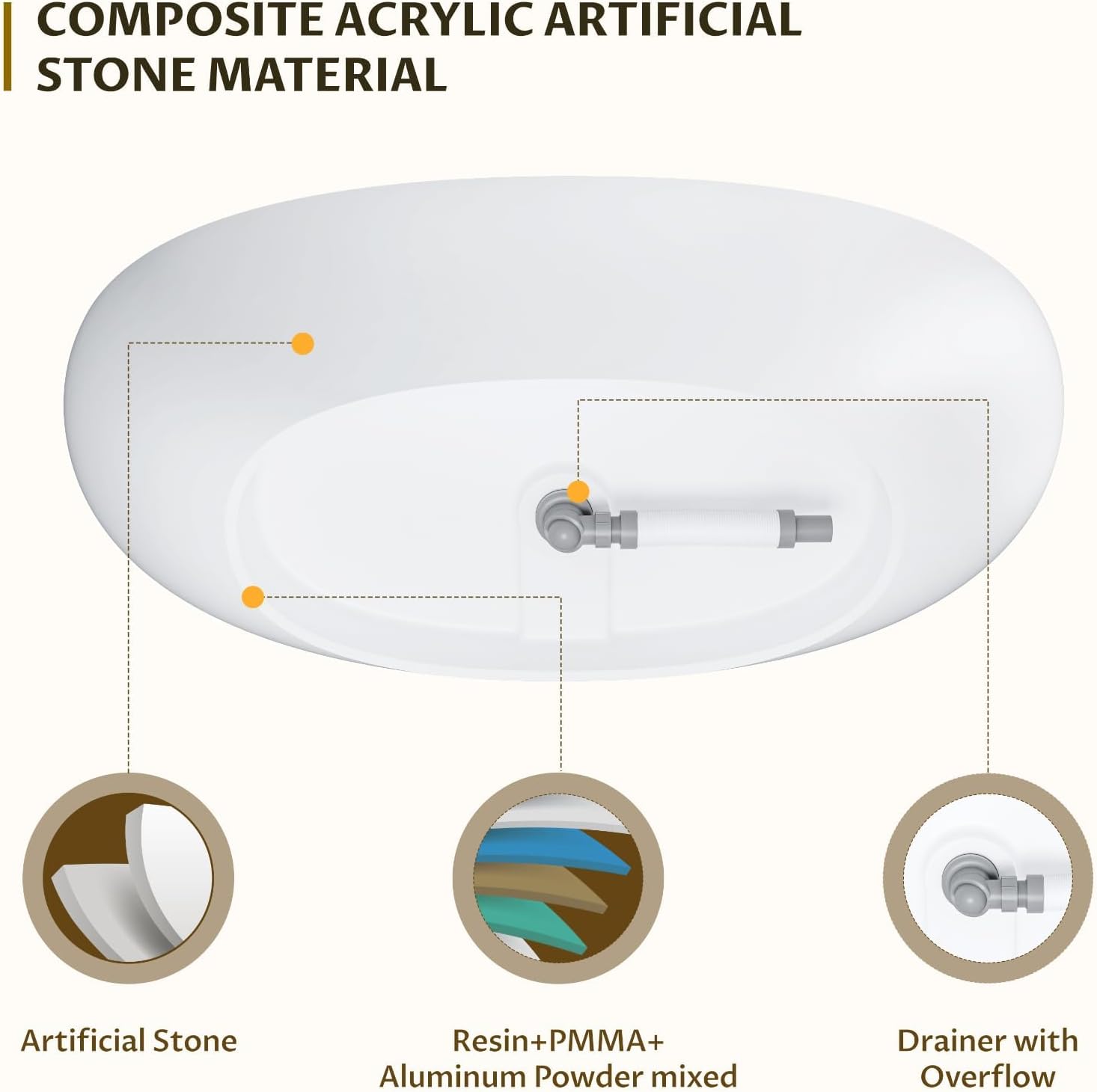 67' Freestanding Bathtub, Solid Surface Soaking Tub - Oval Egg Shell Stone Resin with Pop-Up Drain & Overflow, CUPC Certified Matte White Deep Soaking Tub with Ergonomic Design for Luxury Bathroom