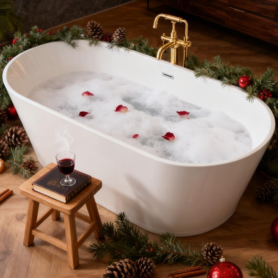 59' Oval Freestanding Soaking Bathtub with Toe-Tap Chrome Drain, Stand Alone Tub, Acrylic Soaking Tub, Ergonomic (Gloss White, 59')