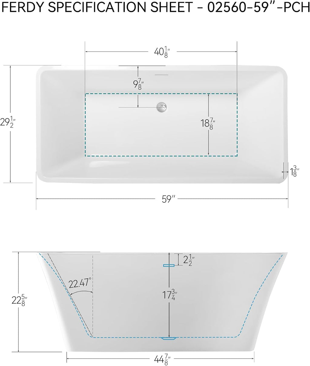 FerdY Sentosa 59' Acrylic Freestanding Bathtub, Contemporary Design Soaking Tub with Polished Chrome Drain and Minimalist Linear Design Overflow, Easy to Install