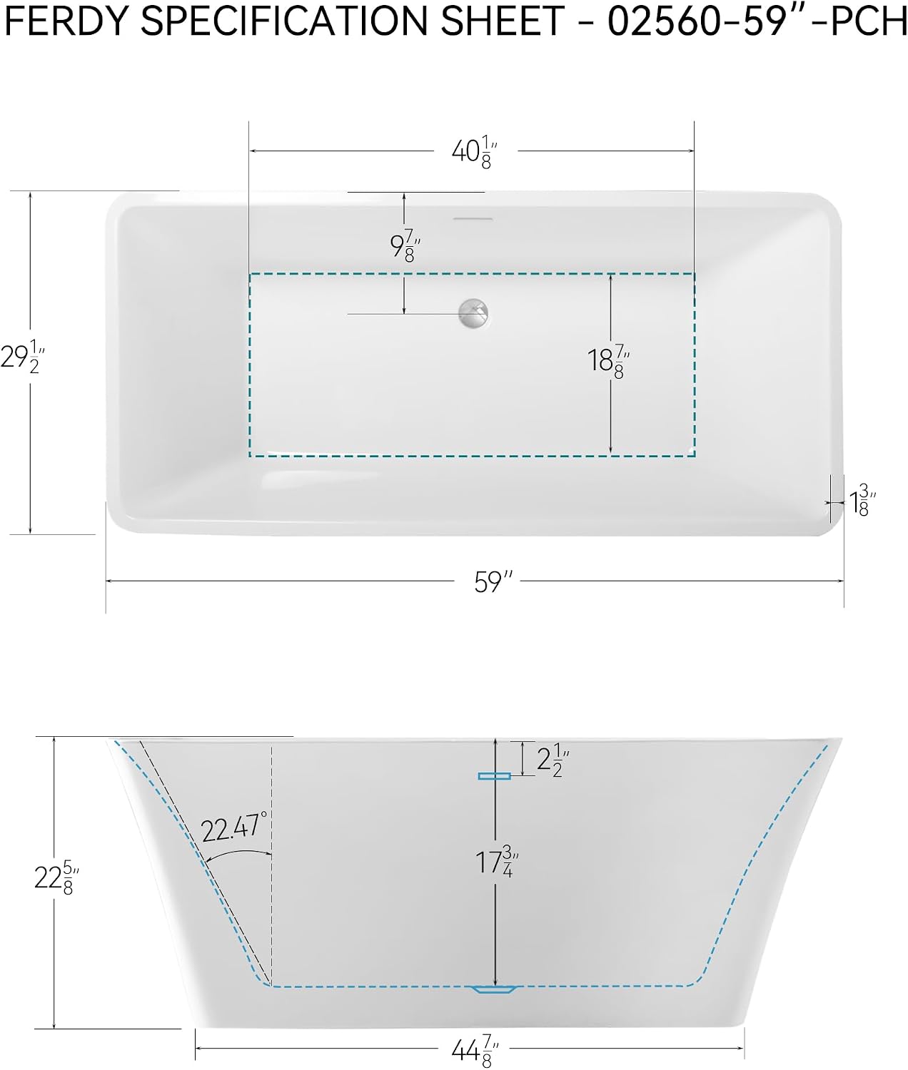 FerdY Sentosa 59' Acrylic Freestanding Bathtub, Contemporary Design Soaking Tub with Polished Chrome Drain and Minimalist Linear Design Overflow, Easy to Install
