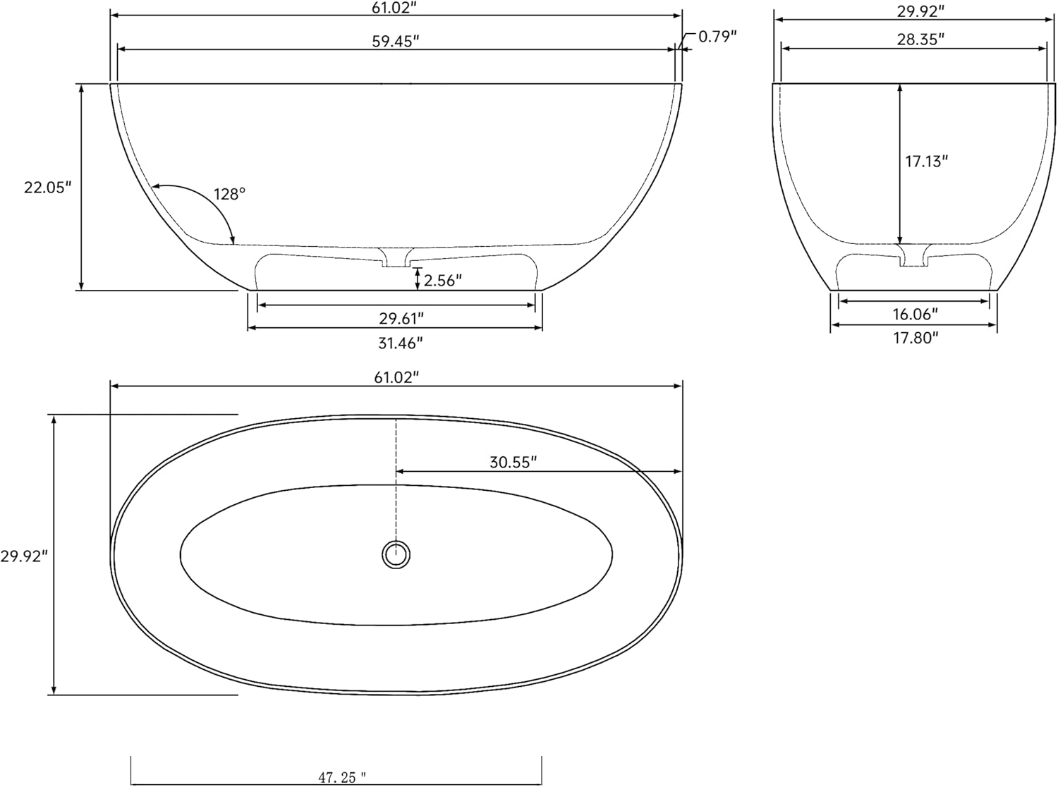 61' Premium Solid Surface Freestanding BathTubs, Upgraded Modern Transparent Blue Design Stand Alone Tub with Pop-up Drain
