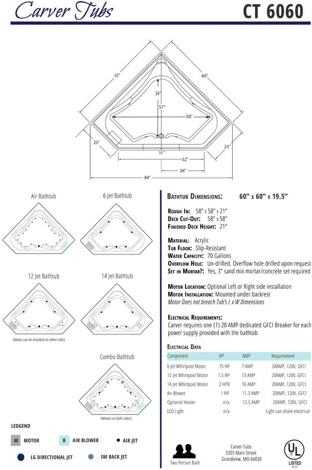 Carver Tubs - CT6060 - Acrylic Fiberglass Soaking Classic Corner Bathtub - White Triangle Two Person Acrylic bath tubs for bathroom w/Armrest - Deep Relaxing Soak - 60'L x 60'W x 19.5'H