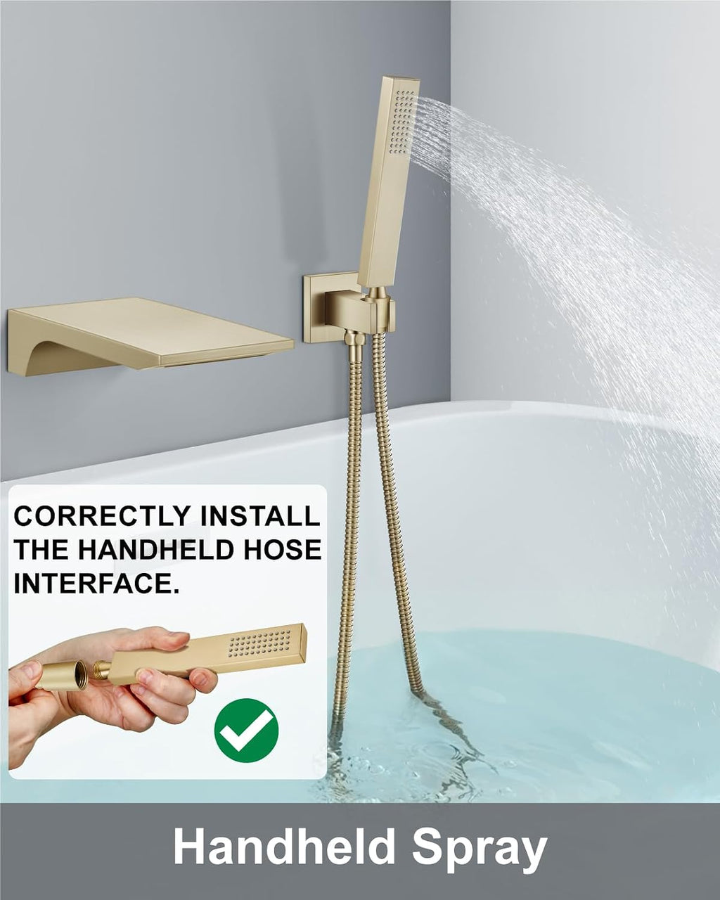 Aolemi Wall Mount Bathtub Faucet,Tub Faucet Set Waterfall Wall Mounted Tub Filler with Handheld Sprayer Single Handle,Brushed Gold