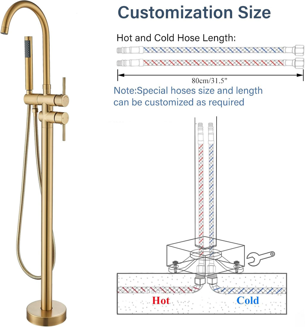 Brushed Gold Freestanding Bathtub Faucet with Hand Shower Tub Filler Faucet Floor Mounted High Flow Single Handle Bath Filler Solid Brass