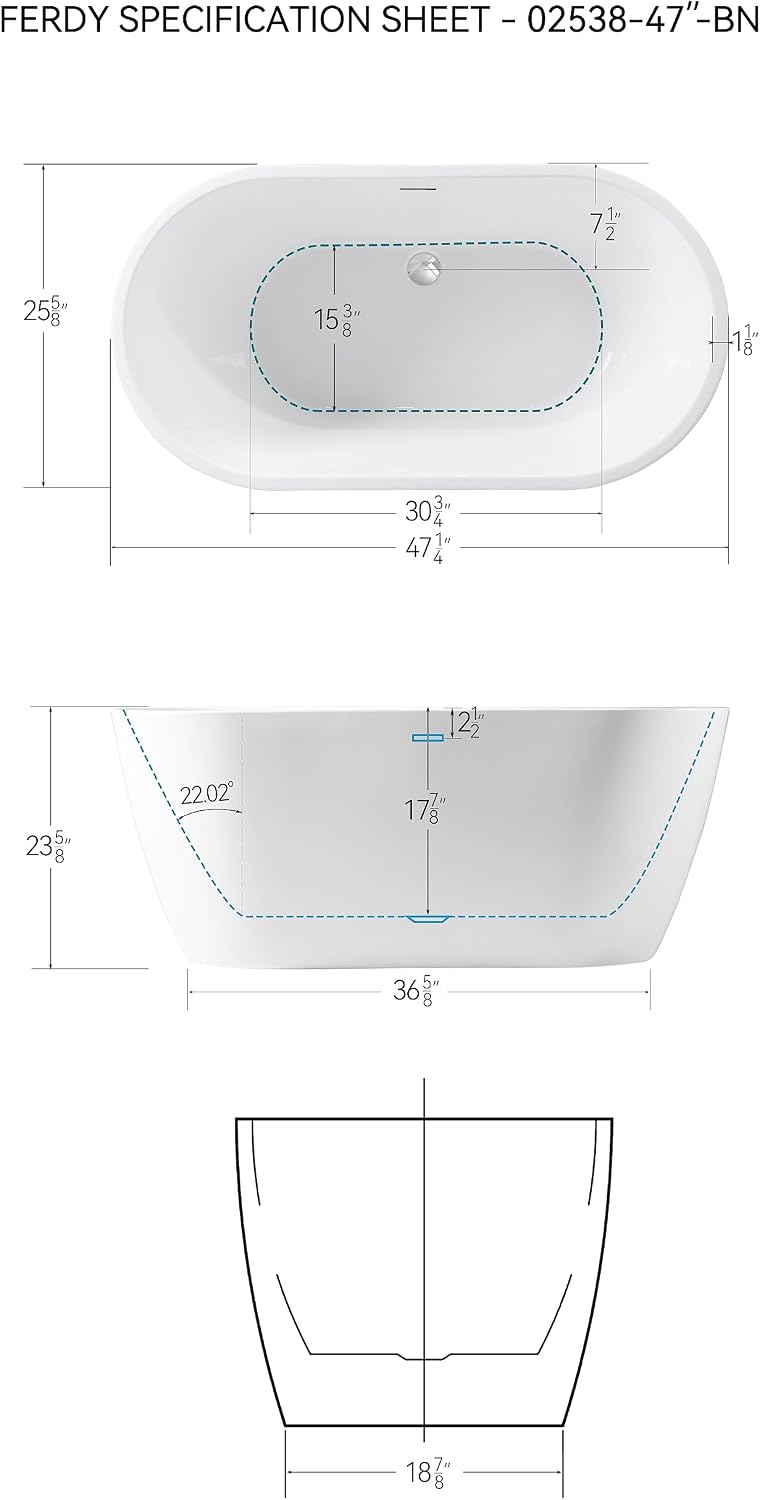 FerdY 47' Acrylic Freestanding Bathtub, Contemporary Soaking tub with Chrome Drain & Overflow, Elegant Oval Shape, cUPC Certified, Bali