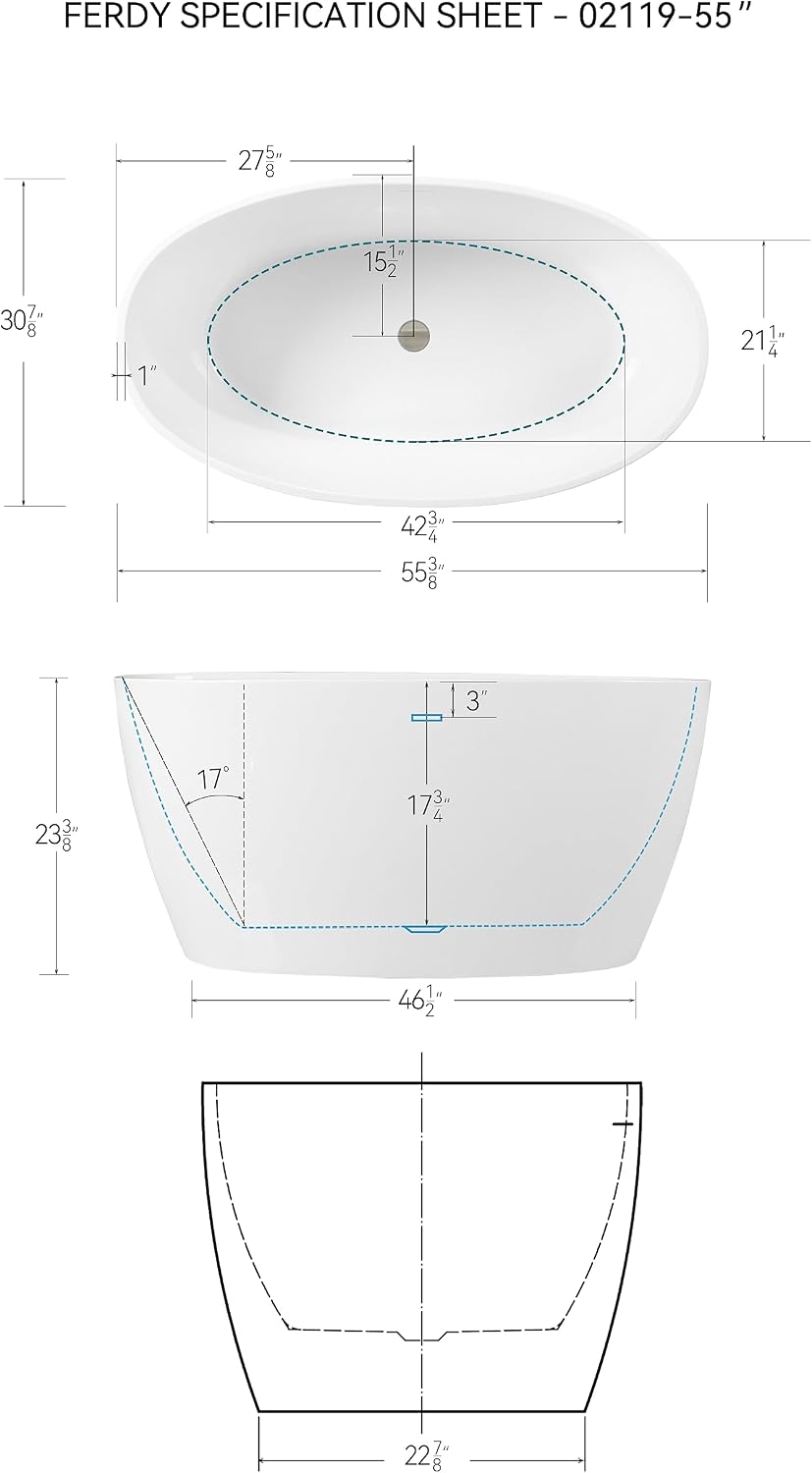 FerdY Tahiti 55' Acrylic Freestanding Bathtub with Headrest, Elegant Oval Shape Soaking Bathtub, Brushed Nickel Drain & Integrated Slotted Overflow Assembly Included cUPC Certified with Bath Pillow