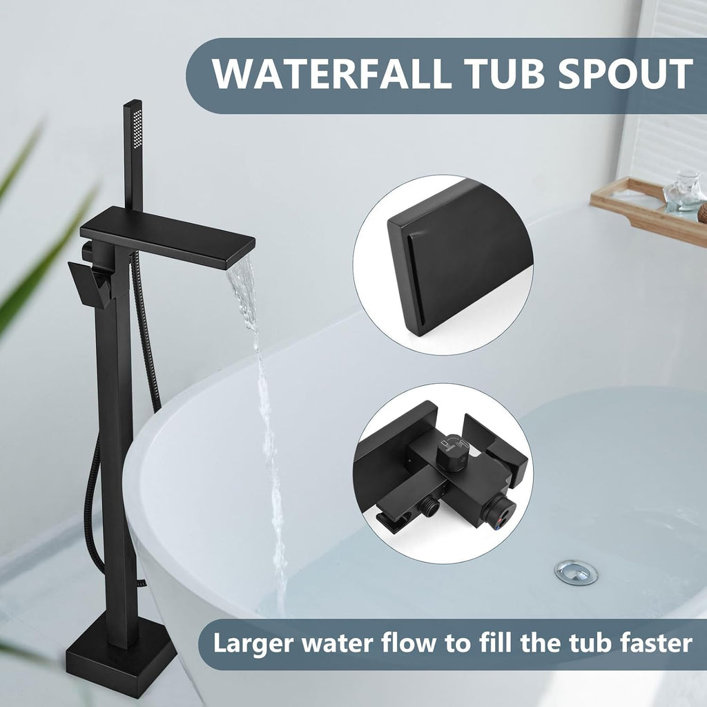 Aolemi Freestanding Bathtub Faucet Floor Mount Tub Filler with Handheld Spray Single Handle Free Standing Bathroom Faucets Swivel Flat Waterfall Spout Matte Black