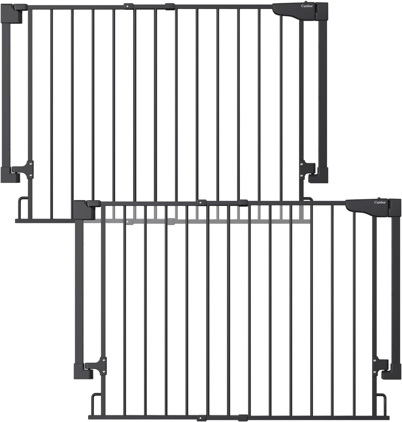 Cumbor 2 Pack 29.2-43' No Bottom Bar Baby Gate for Stairs, 2-in-1 Auto Close Dog Gate Indoor, Hardware Mounted Pet Gate for Doorways with Large Walk Thru Door, Child-Proof Safety Gate for Kids (Black)
