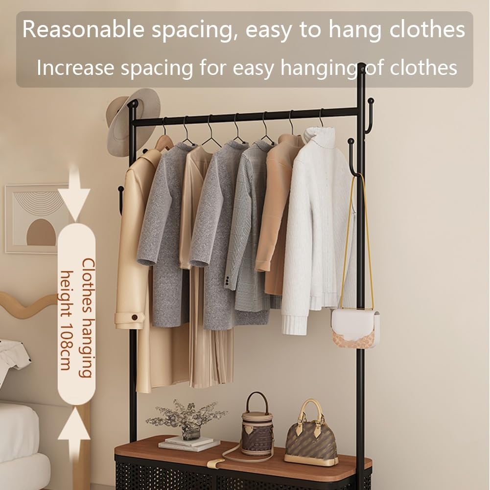 Organizer with Storage Box, Floor-Standing Garment Rack, Shoe Rack, Freestanding Metal Coat Rack Stand for Doorways, Bedrooms, Living Rooms(Natural,80cm)