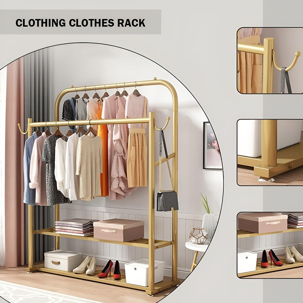 Gold Garment Rack with 2 Rods, Hooks and 2 Storage Shelf Freestanding Clothing Rack for Hanging Clothes(80x40x150cm)