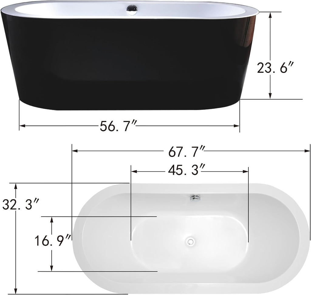 HomeBeyond 68 Inch Black Freestanding Bathtub | Acrylic Free Standing Soaking Tub, Morden Bathroom Stand Alone Tub Suitable for 1-2 Person Bathing
