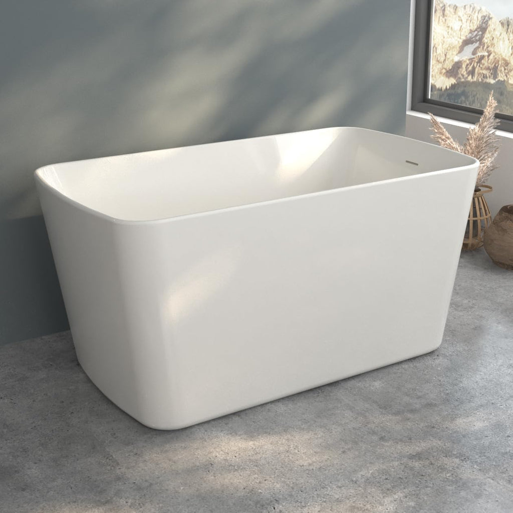 55' Acrylic Freestanding Bathtub - Japanese Square Soaking Tub with Built-in Seat, Toe-Tap Drain & Overflow, Glossy White, Compact Space-Saving Bath for Bathrooms