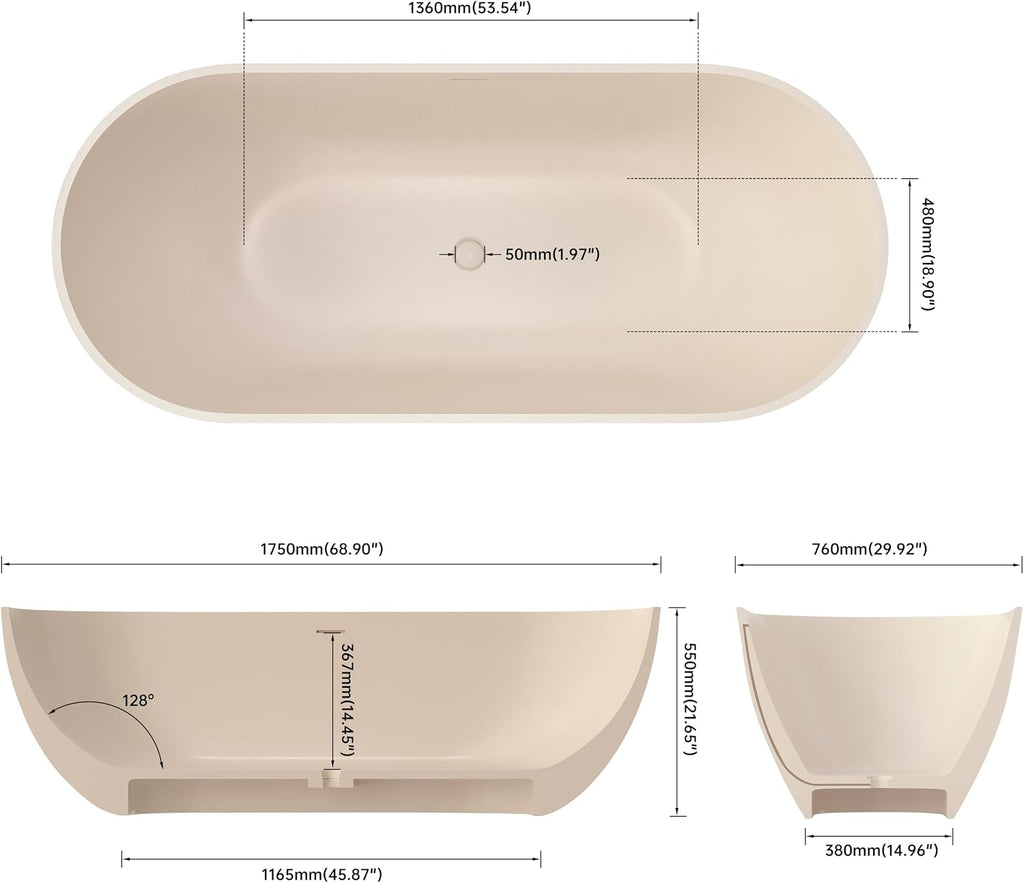 69' Freestanding Solid Surface Bathtub, Matte Cream Beige | Resin Stone, Modern Design Stand Alone Tub with Drain, Colorful Free Stand Tub