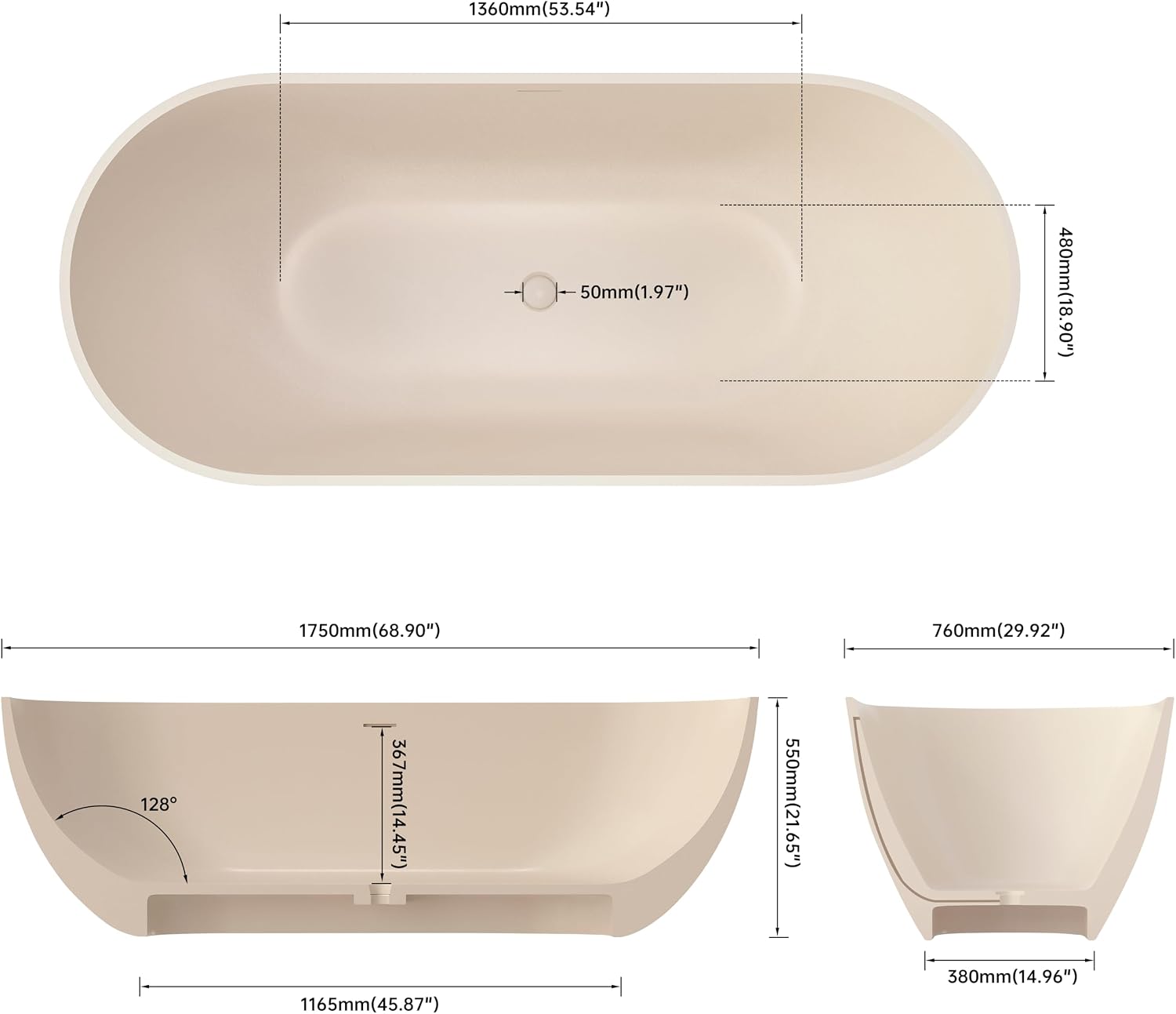 69' Freestanding Solid Surface Bathtub, Matte Cream Beige | Resin Stone, Modern Design Stand Alone Tub with Drain, Colorful Free Stand Tub