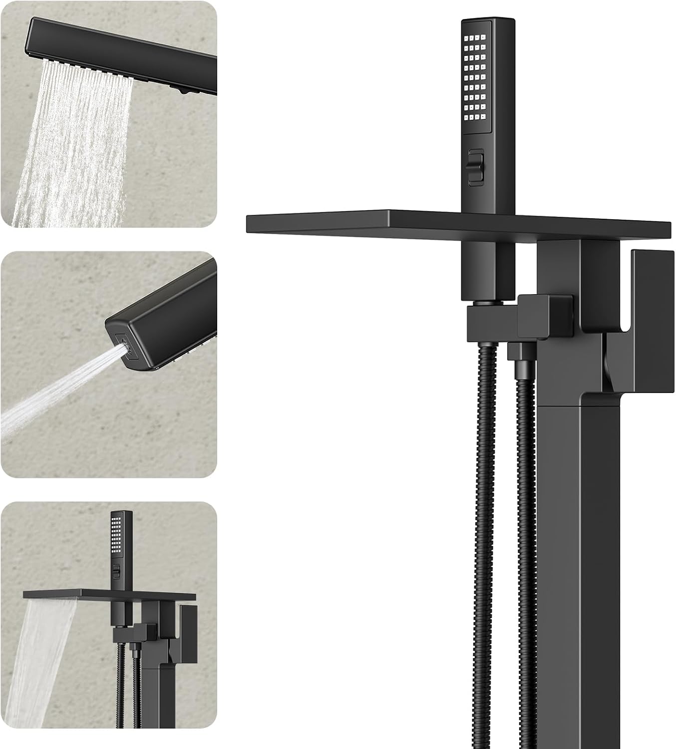 Freestanding Bathtub Faucet with Handheld Sprayer, Matte Black Floor Mount Tub Filler, High Flow Waterfall Brass Bath Shower Faucet for Modern Bathroom