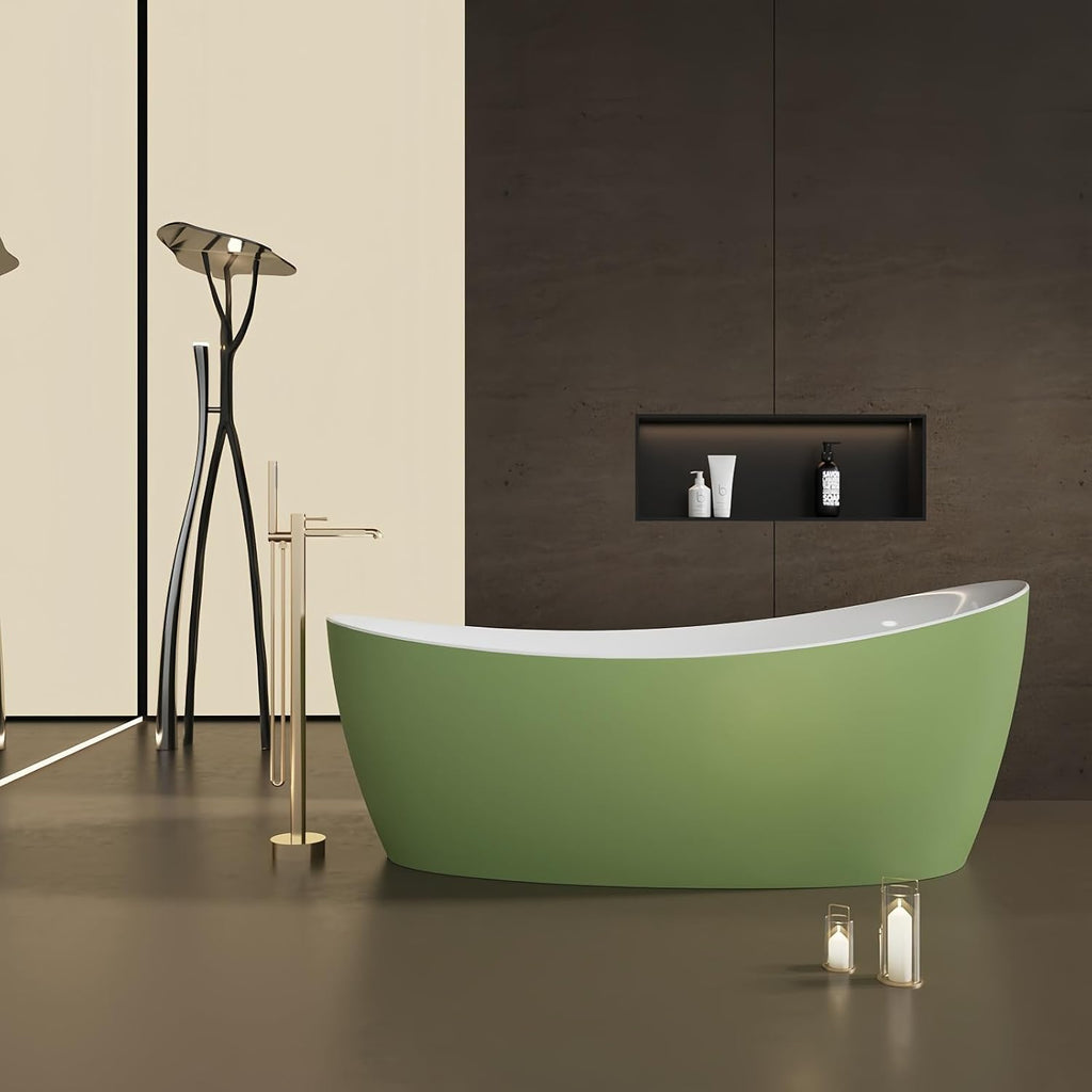 64' Edeyeu Oval Freestanding Bathtub - Extra Deep Acrylic Soaking Tub, Free Standing Bathtub Solid Surface, Modern Soaker Tub for Bathroom Spa, with Drain Green