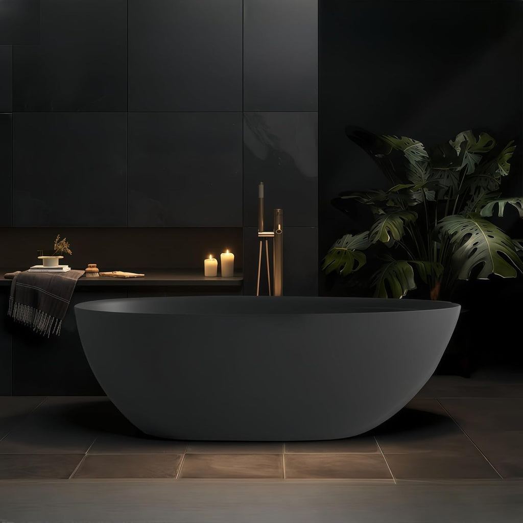 Freestanding Bathtub - Oval Solid Surface Bathtub, Ergonomic Soaker Tub, Modern Extra Deep Stand Alone Tub, with Drain, Suitable for Apartments, Villas, Hotels (Black, 60')