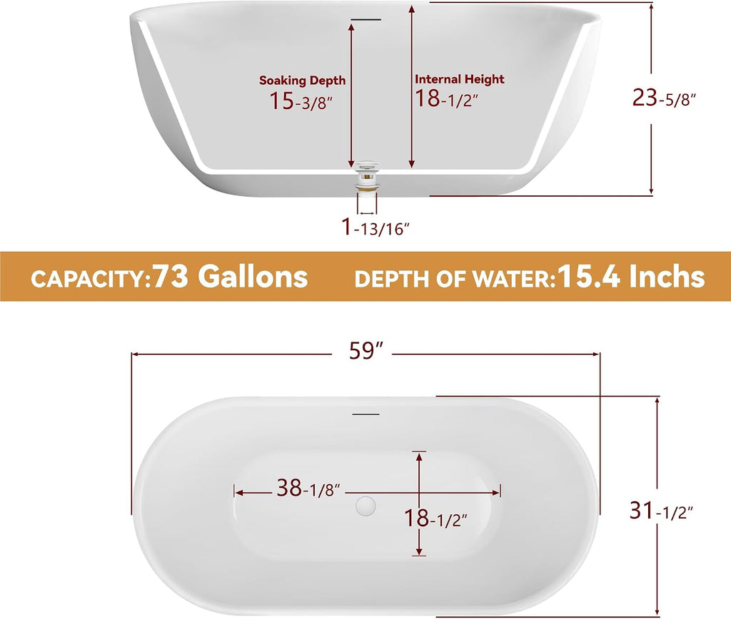 59' Free Standing Tub, Pure Acrylic Freestanding Bathtub, Stylish Stand Alone Contemporary Deep Soaking Bath Tub, cUPC Certified SY6850 (Glossy White)