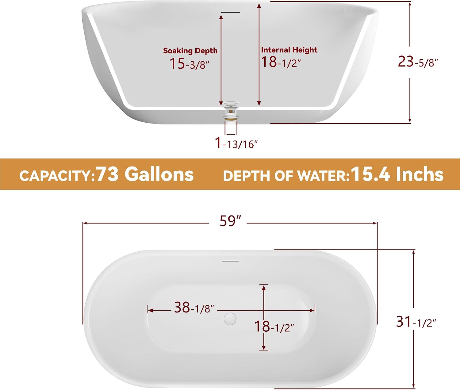 59' Free Standing Tub, Pure Acrylic Freestanding Bathtub, Stylish Stand Alone Contemporary Deep Soaking Bath Tub, cUPC Certified SY6850 (Glossy White)