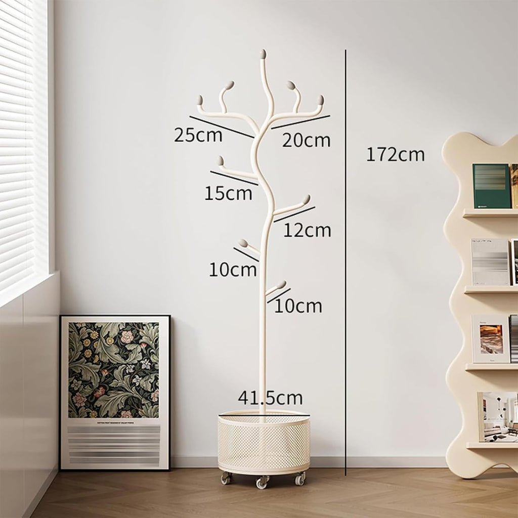 Heavy Duty Garment Rack Coat Rack with Storage Basket and 9 Hooks, Freestanding Clothes Hanger Stand with Wheels, Space Saving Clothing Rack for Entryway, Bedroom, Office, White, 42X175CM