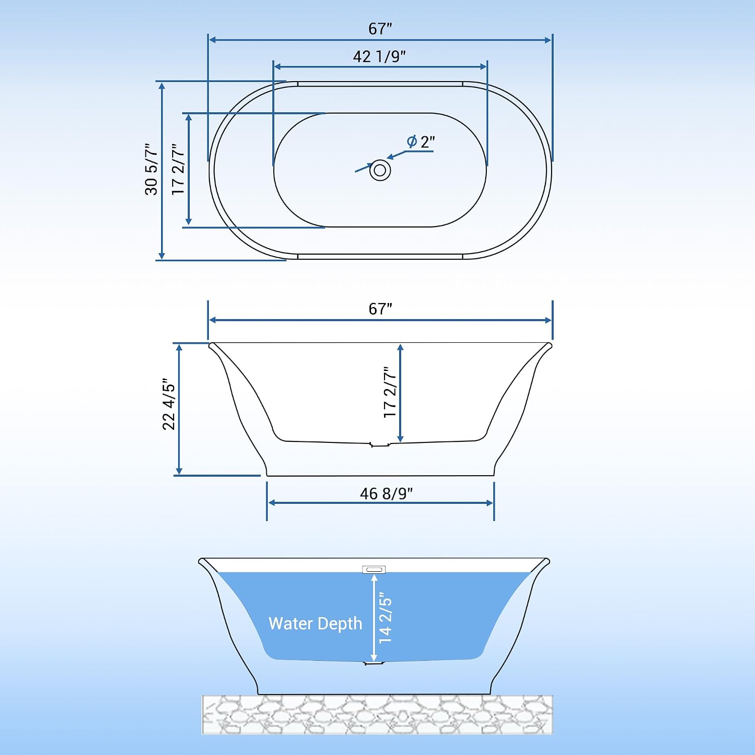 GarveeTech 67 in Freestanding Acrylic Bathtub, Luxury Oval-Shaped Soaking Tub, Modern Stand Alone Bathtub with Chrome Drain, Chrome Overflow and Drainage Pipe, Gray+White