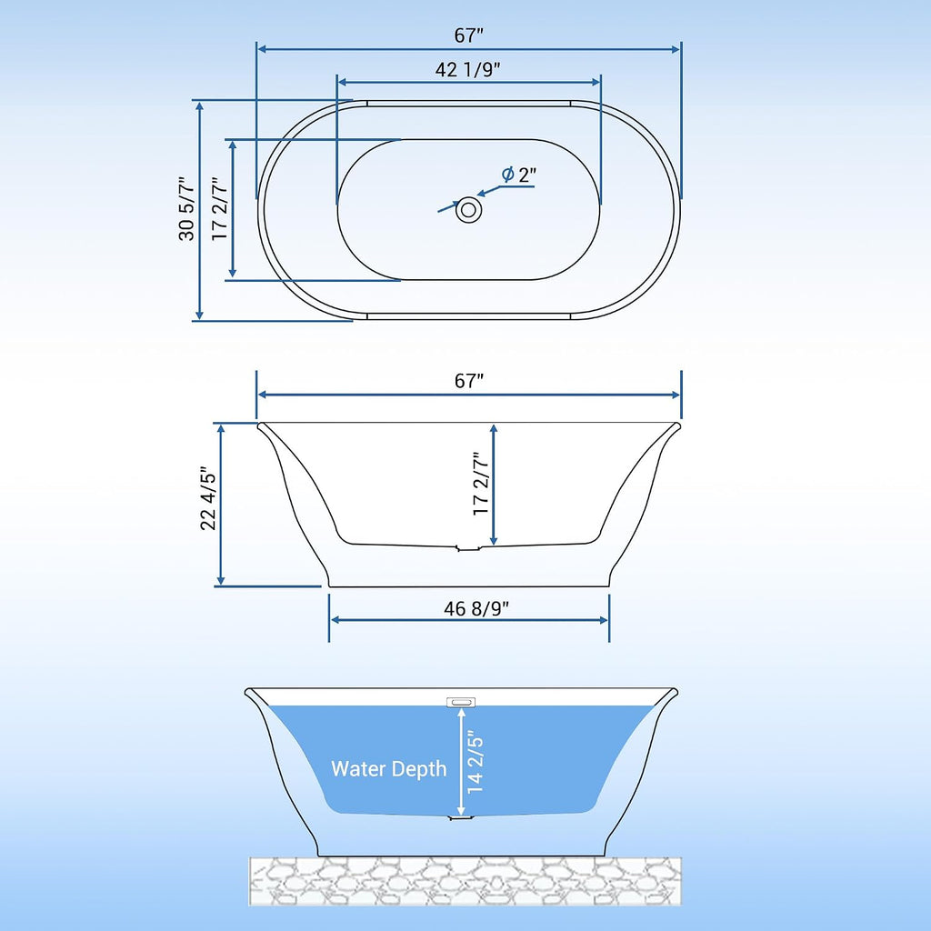 67 Inch Acrylic Freestanding Bathtub, Luxury Oval Soaking Tub, Modern Stand Alone Bath In Grey & White, with Chrome Drain, Overflow, Deep Soak Freestanding Tub for Bathroom