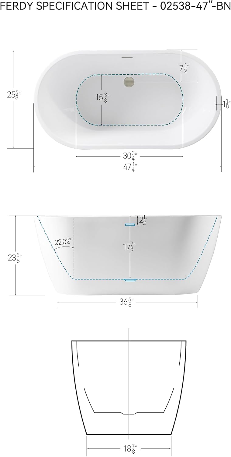 FerdY 47' Acrylic Freestanding Bathtub, Contemporary Soaking tub with Brushed Nickel Drain & Overflow, cUPC Certified, Elegant Oval Shape, Bali