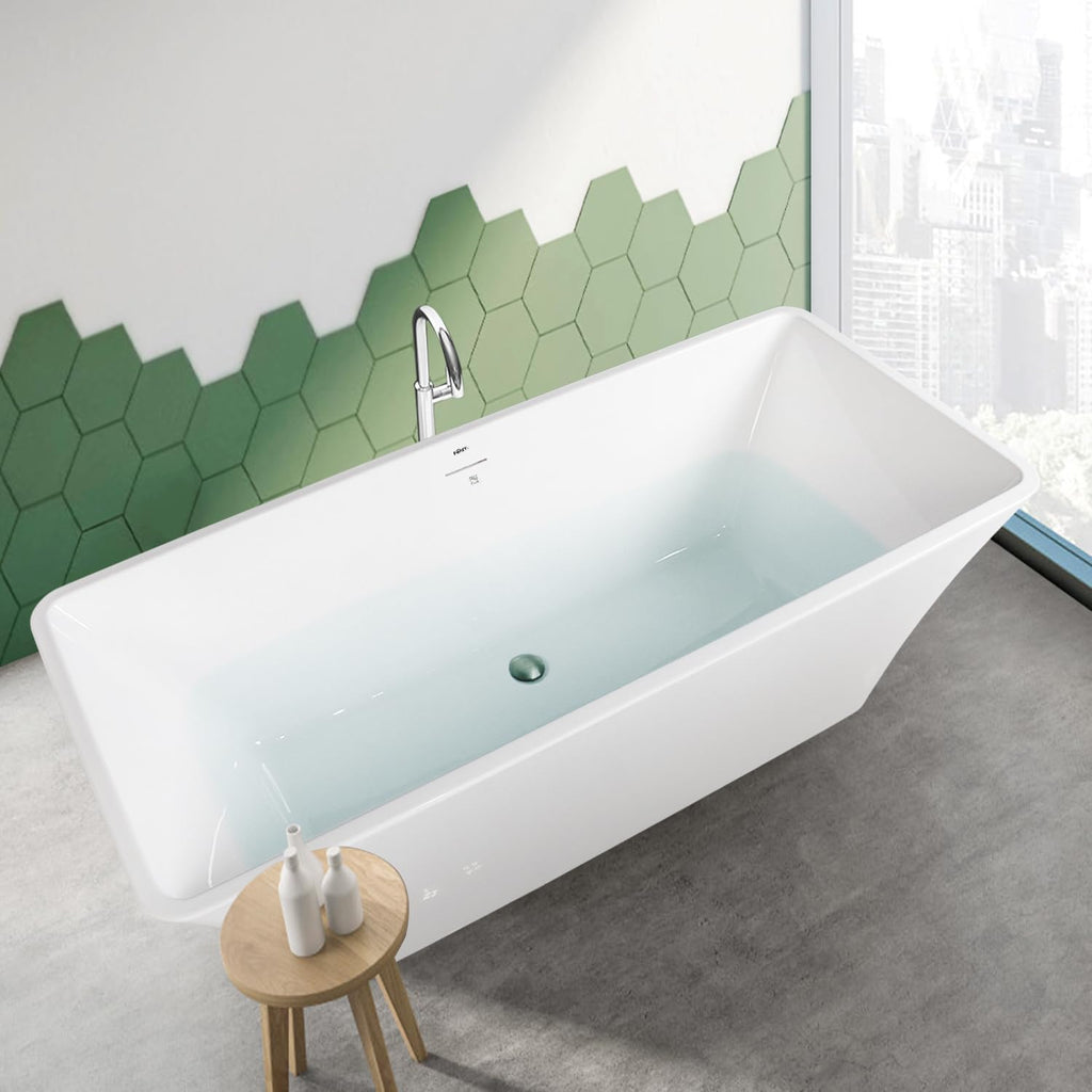 FerdY Sentosa 67' Acrylic Freestanding Bathtub, Contemporary Design Soaking Tub Easy to Install with Brushed Nickel Drain and Minimalist Linear Design Overflow, 02560