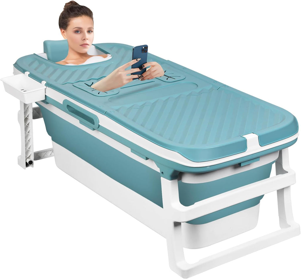 51' Portable Folding Bathtub, Soaking Bath Tub for adult, Foldable Tub with Thermal Cover, Massage Roller, Hollow Hand Holes, Freestanding Large Collapsible Tub (Blue)