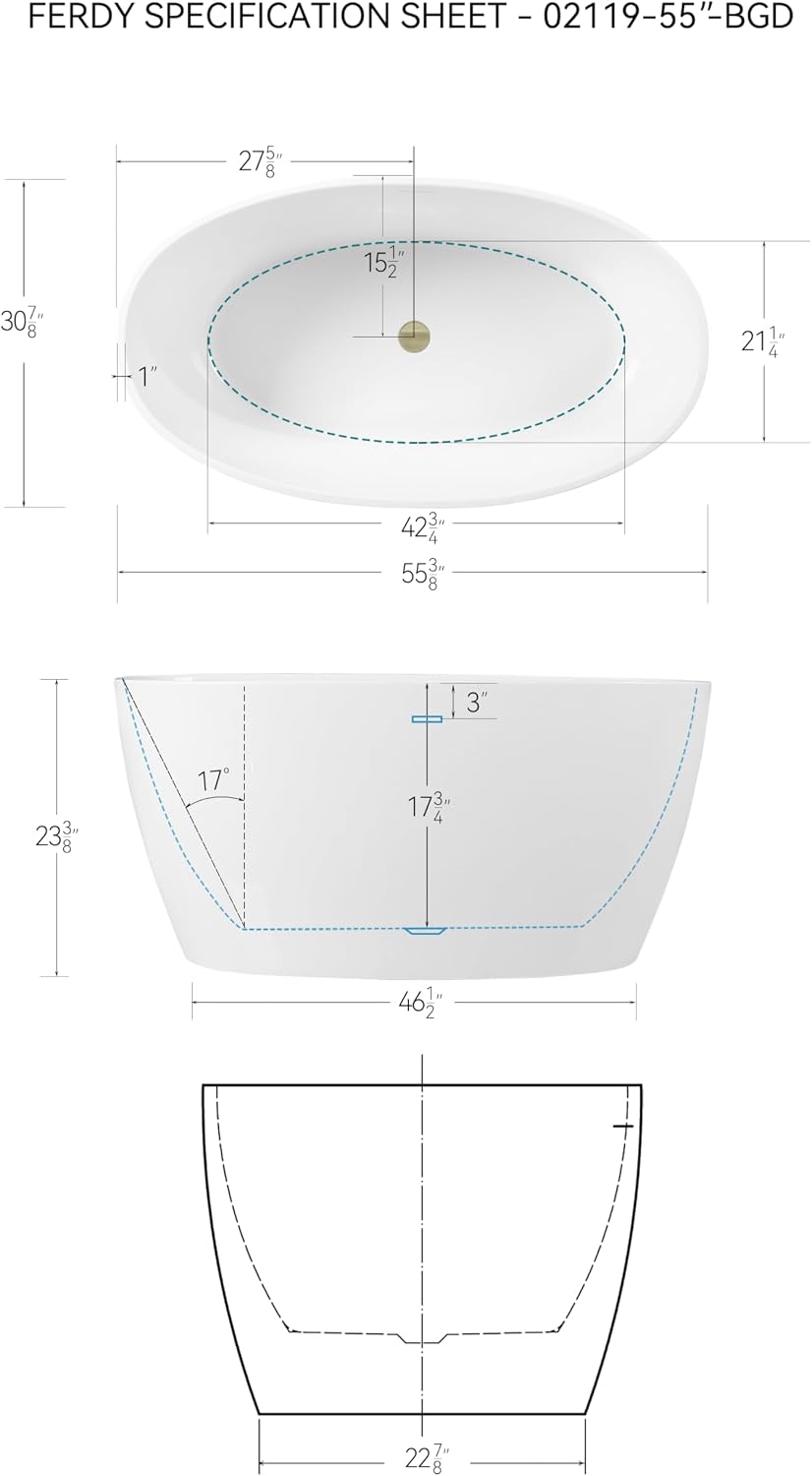FerdY 55' Acrylic Freestanding Bathtub, Contemporary Soaking tub with cUPC Certified, Elegant Oval Shape, Brushed Gold Drain, Tahiti