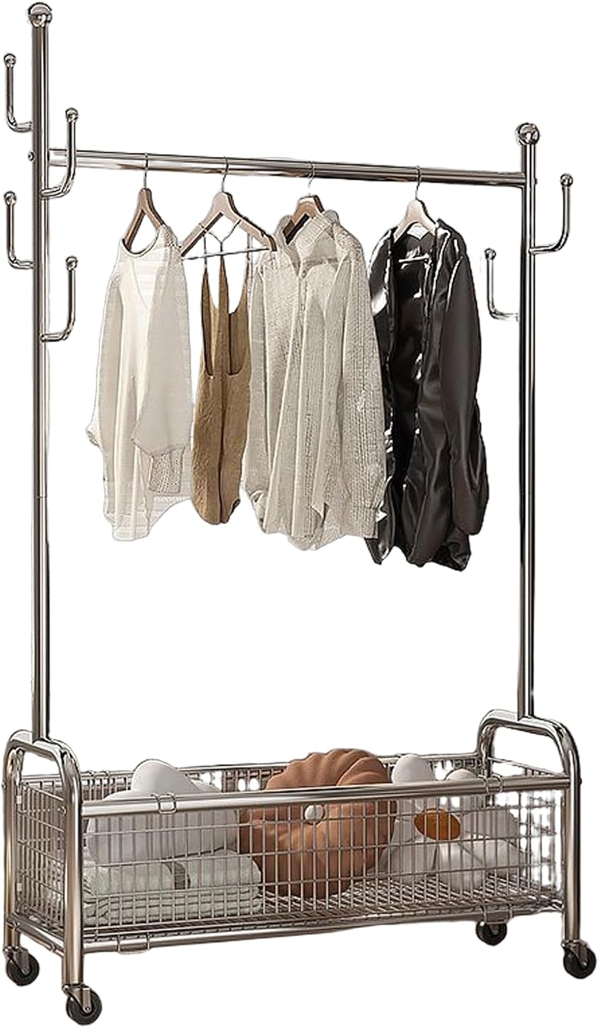 Clothing Racks for Hanging Clothes, Standing Coat Rack with Wheels Shelves, Heavy Duty Metal Rolling Garment Rack, for Bedroom Laundry Living Room, Easy to Assemble
