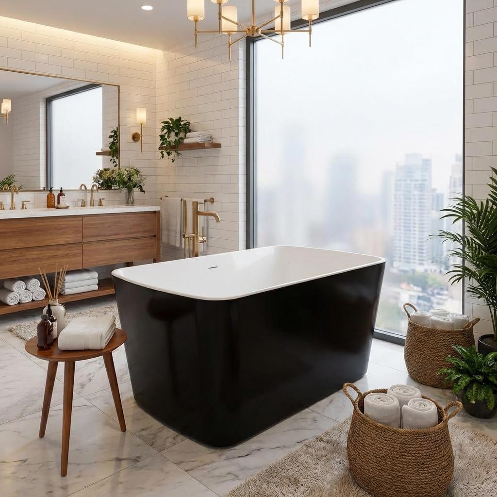 49 Inch Freestanding Bathtub, Acrylic Free Standing Tub, Black Exterior White Interior Soaking Tub with Drain and Overflow, Compact Stand Alone Tub for Small Bathroom